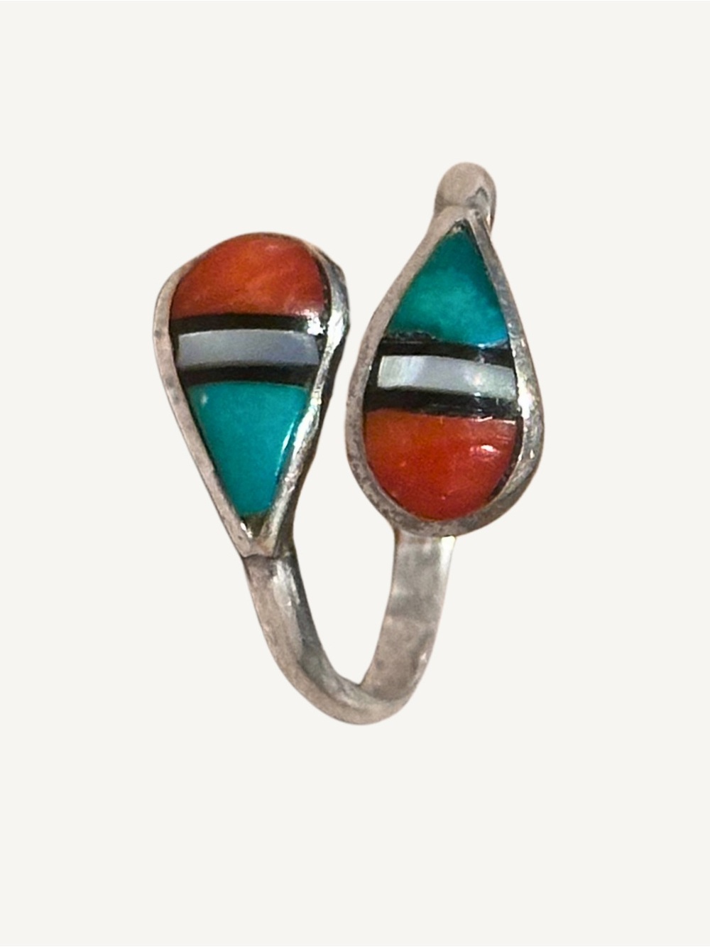 Signed Zuni Sterling Turquoise Coral MOP Onyx Size 6.5 Vintage Bypass Ring - Picture 4 of 10